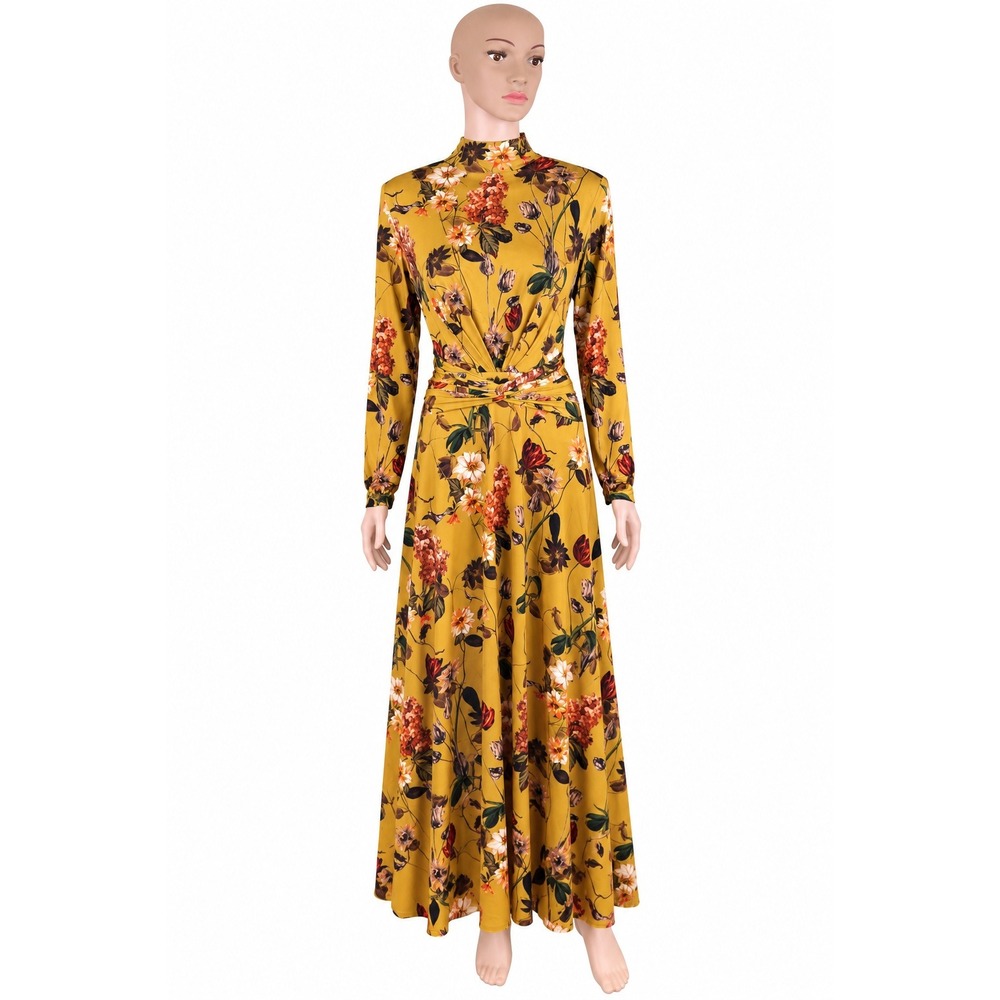 Sergey Shabunin Floral Maxi Dress Size 42 US M Mustard Ruched Waist Long Sleeve